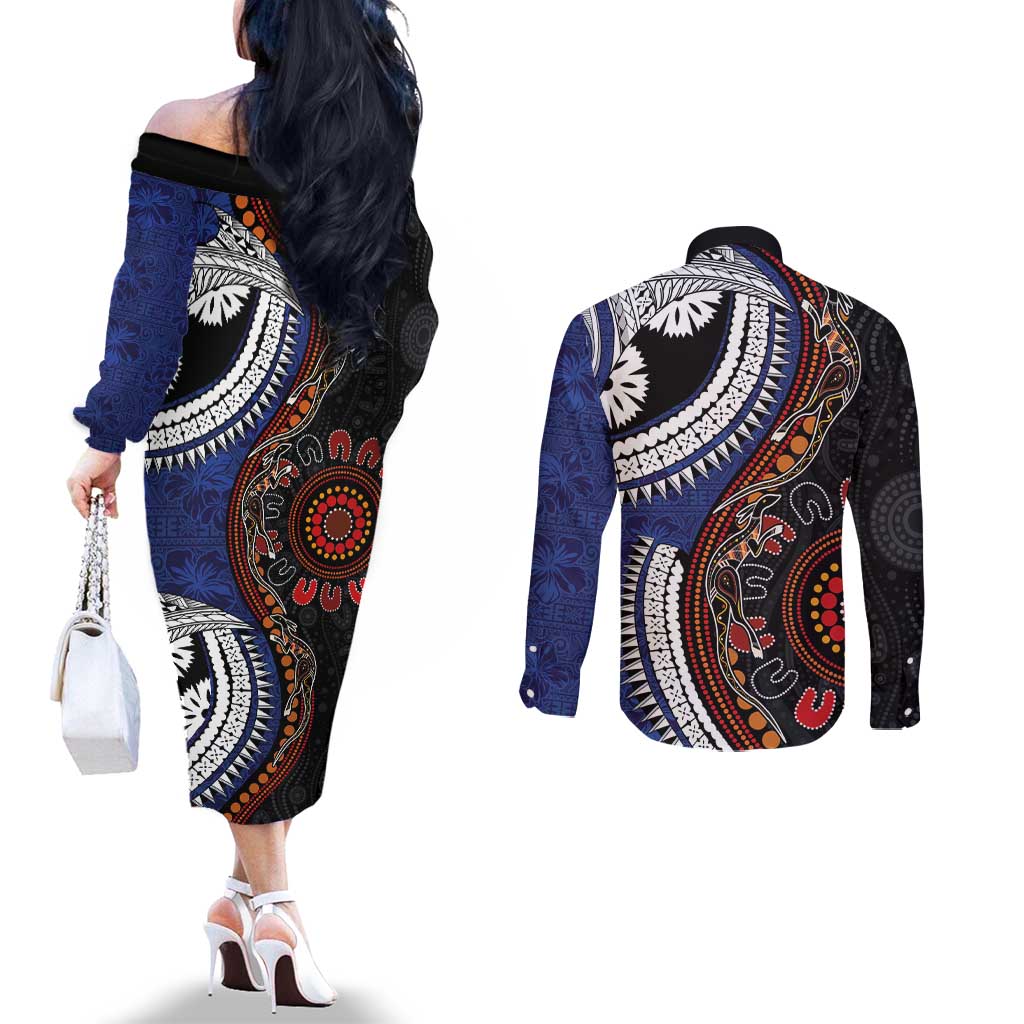 Fiji and Australia Together Couples Matching Off The Shoulder Long Sleeve Dress and Long Sleeve Button Shirt Kangaroo Aboriginal with Tribal Tapa Hibiscus Half Style - Polynesian Pride
