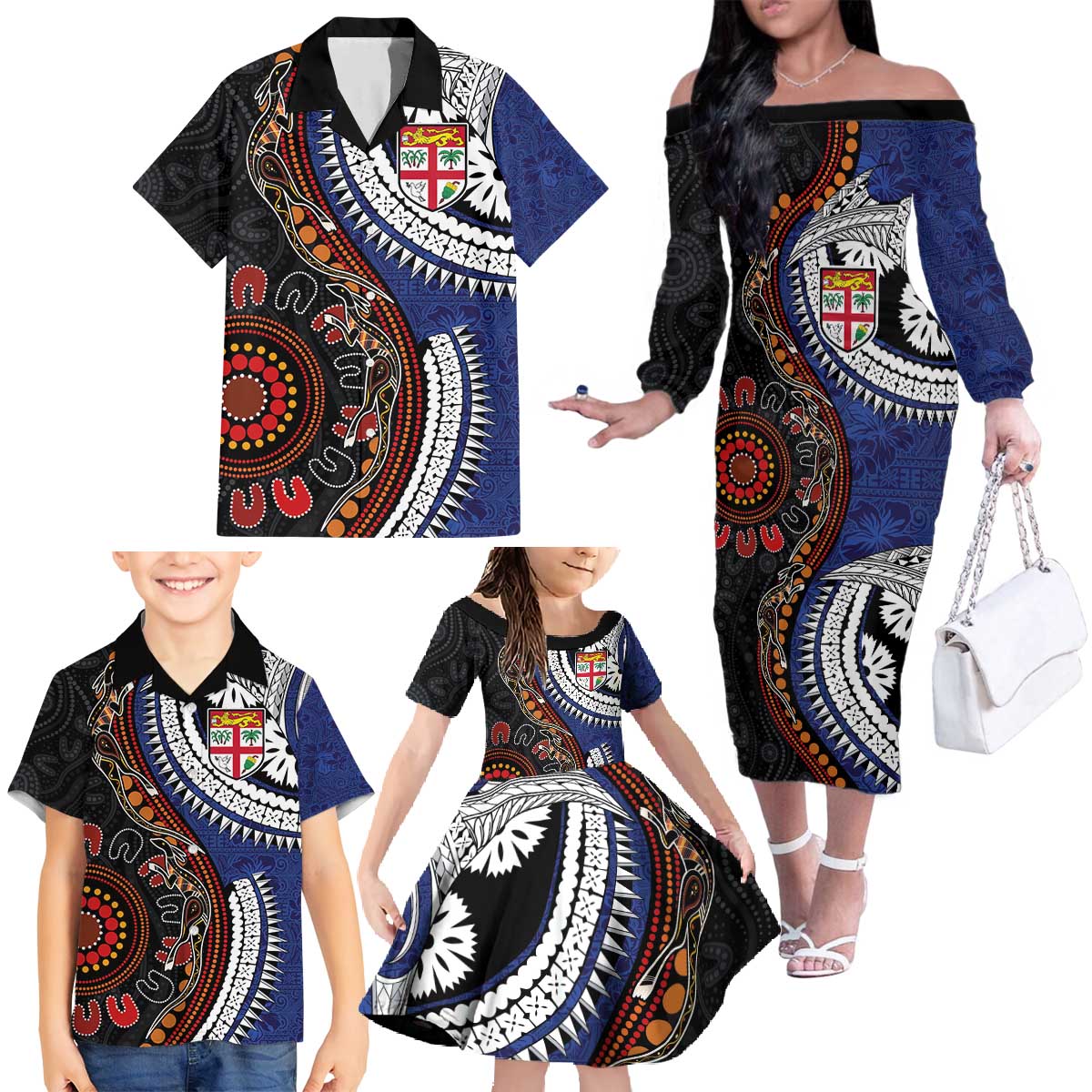 Fiji and Australia Together Family Matching Off The Shoulder Long Sleeve Dress and Hawaiian Shirt Kangaroo Aboriginal with Tribal Tapa Hibiscus Half Style - Polynesian Pride