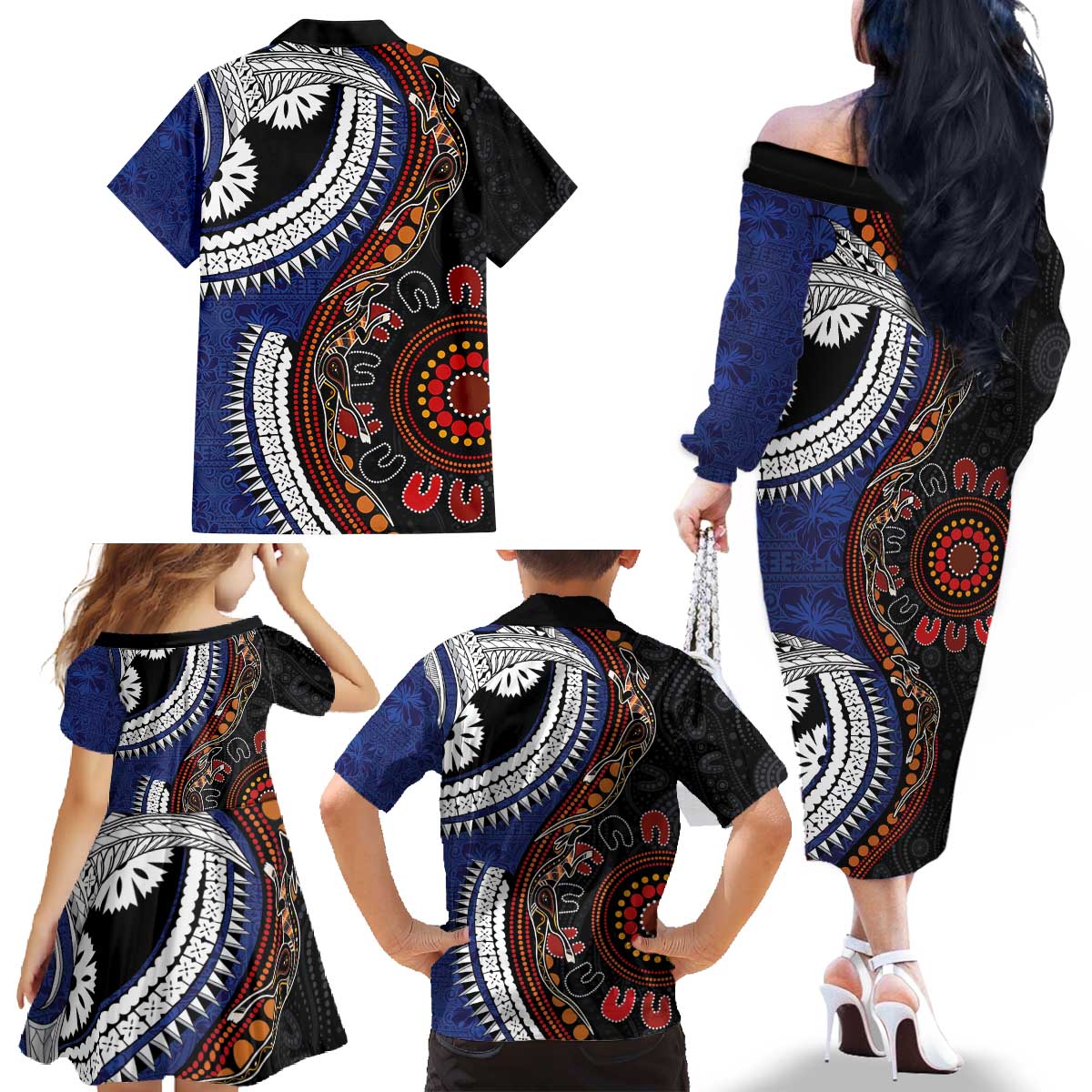 Fiji and Australia Together Family Matching Off The Shoulder Long Sleeve Dress and Hawaiian Shirt Kangaroo Aboriginal with Tribal Tapa Hibiscus Half Style - Polynesian Pride