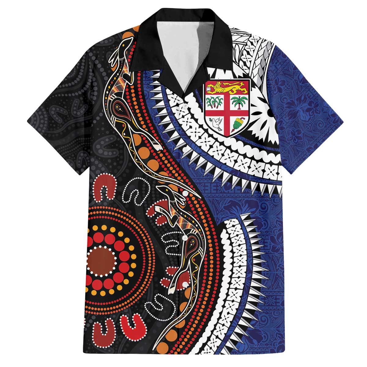 Fiji and Australia Together Family Matching Off The Shoulder Long Sleeve Dress and Hawaiian Shirt Kangaroo Aboriginal with Tribal Tapa Hibiscus Half Style - Polynesian Pride