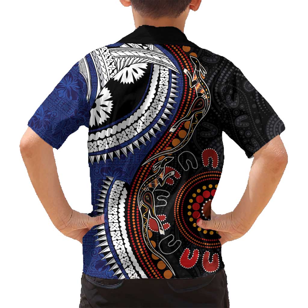 Fiji and Australia Together Family Matching Off Shoulder Maxi Dress and Hawaiian Shirt Kangaroo Aboriginal with Tribal Tapa Hibiscus Half Style - Polynesian Pride