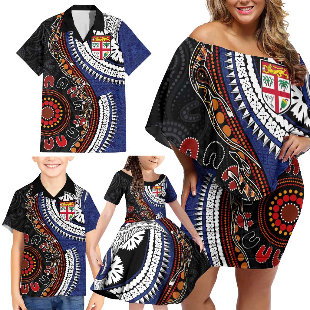 Fiji and Australia Together Family Matching Off Shoulder Short Dress and Hawaiian Shirt Kangaroo Aboriginal with Tribal Tapa Hibiscus Half Style - Polynesian Pride