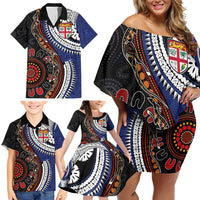 Fiji and Australia Together Family Matching Off Shoulder Short Dress and Hawaiian Shirt Kangaroo Aboriginal with Tribal Tapa Hibiscus Half Style - Polynesian Pride