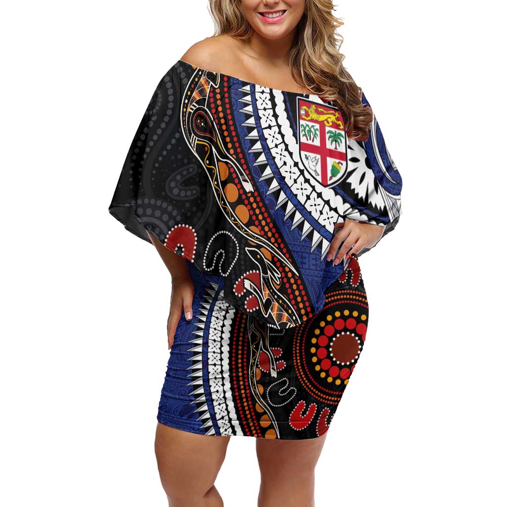 Fiji and Australia Together Family Matching Off Shoulder Short Dress and Hawaiian Shirt Kangaroo Aboriginal with Tribal Tapa Hibiscus Half Style - Polynesian Pride