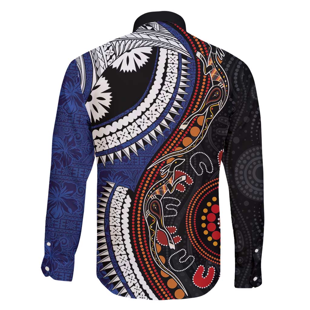 Fiji and Australia Together Family Matching Short Sleeve Bodycon Dress and Hawaiian Shirt Kangaroo Aboriginal with Tribal Tapa Hibiscus Half Style - Polynesian Pride