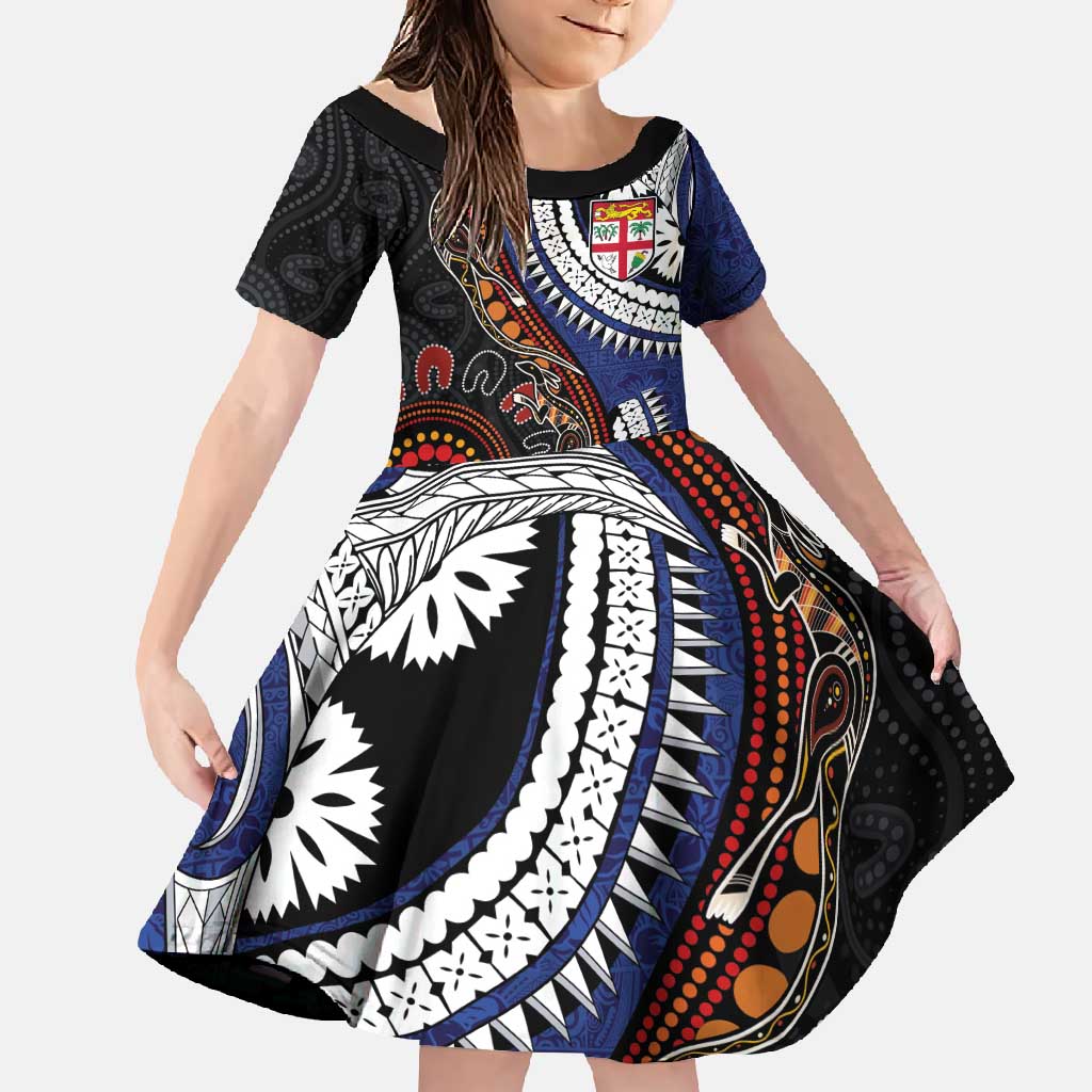 Fiji and Australia Together Family Matching Summer Maxi Dress and Hawaiian Shirt Kangaroo Aboriginal with Tribal Tapa Hibiscus Half Style - Polynesian Pride