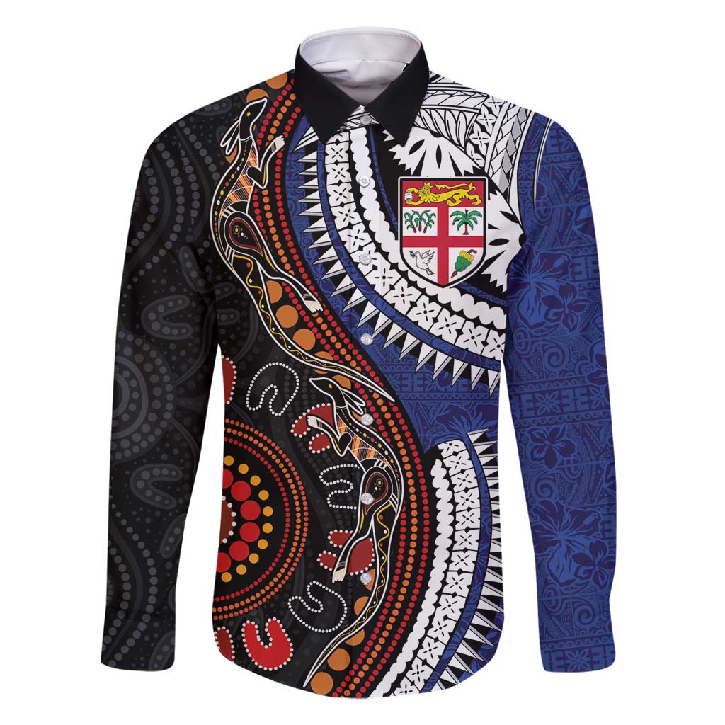 Fiji and Australia Together Family Matching Tank Maxi Dress and Hawaiian Shirt Kangaroo Aboriginal with Tribal Tapa Hibiscus Half Style - Polynesian Pride