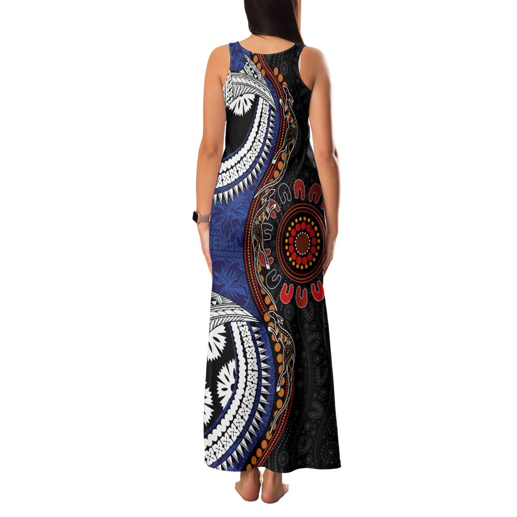 Fiji and Australia Together Family Matching Tank Maxi Dress and Hawaiian Shirt Kangaroo Aboriginal with Tribal Tapa Hibiscus Half Style - Polynesian Pride