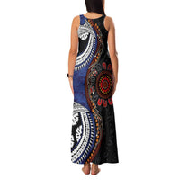 Fiji and Australia Together Family Matching Tank Maxi Dress and Hawaiian Shirt Kangaroo Aboriginal with Tribal Tapa Hibiscus Half Style - Polynesian Pride