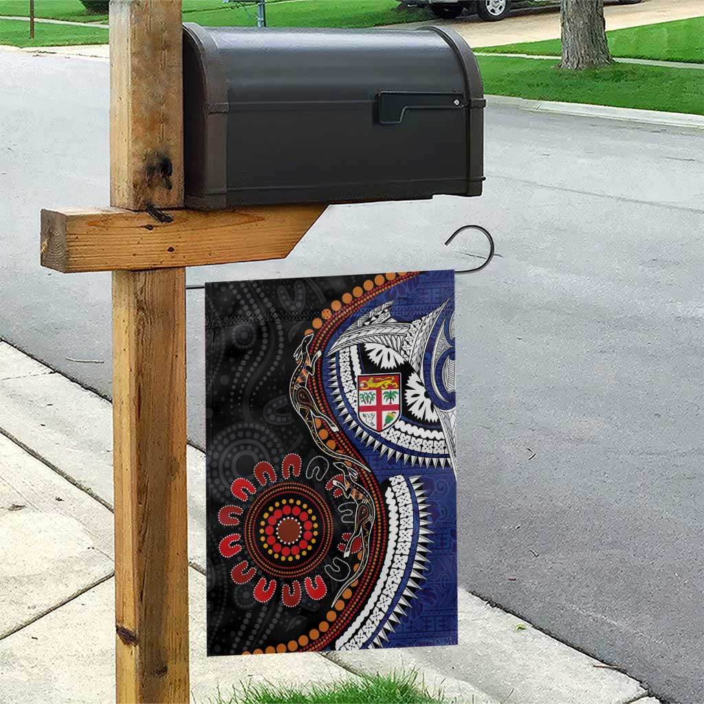 Fiji and Australia Together Garden Flag Kangaroo Aboriginal with Tribal Tapa Hibiscus Half Style - Polynesian Pride