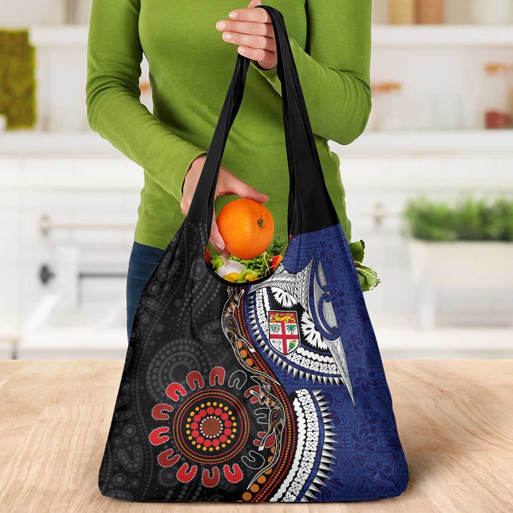 Fiji and Australia Together Grocery Bag Kangaroo Aboriginal with Tribal Tapa Hibiscus Half Style - Polynesian Pride