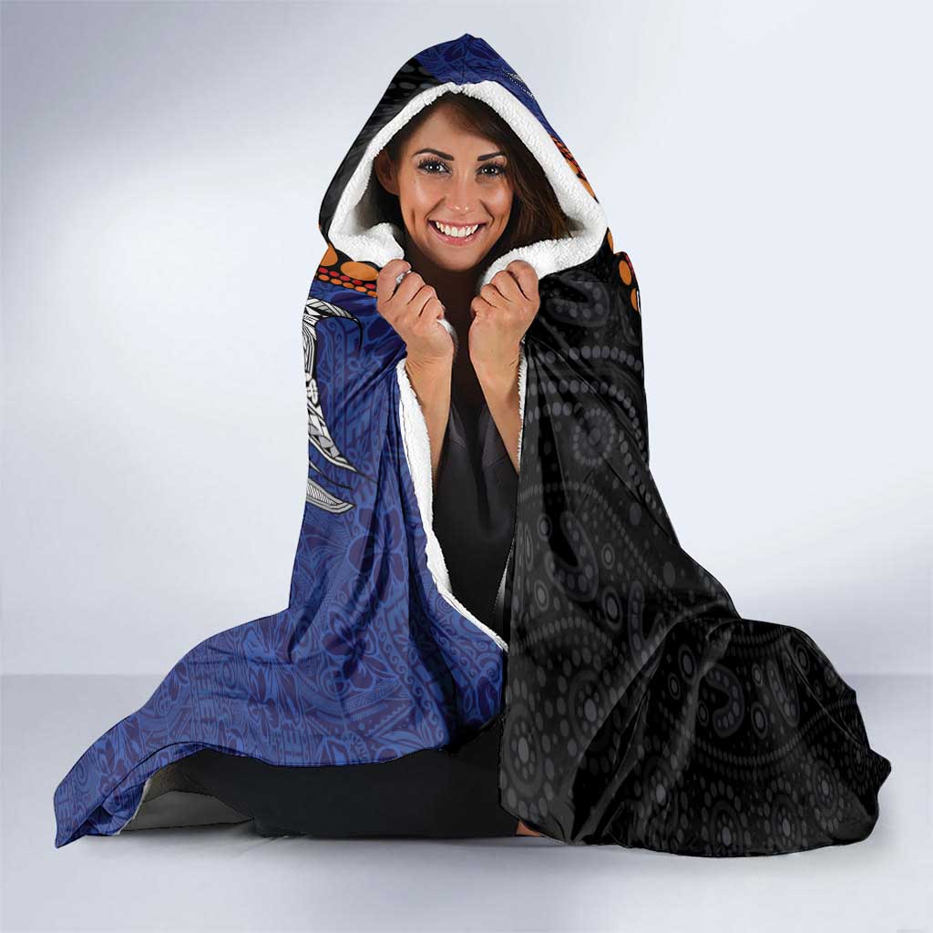 Fiji and Australia Together Hooded Blanket Kangaroo Aboriginal with Tribal Tapa Hibiscus Half Style - Polynesian Pride