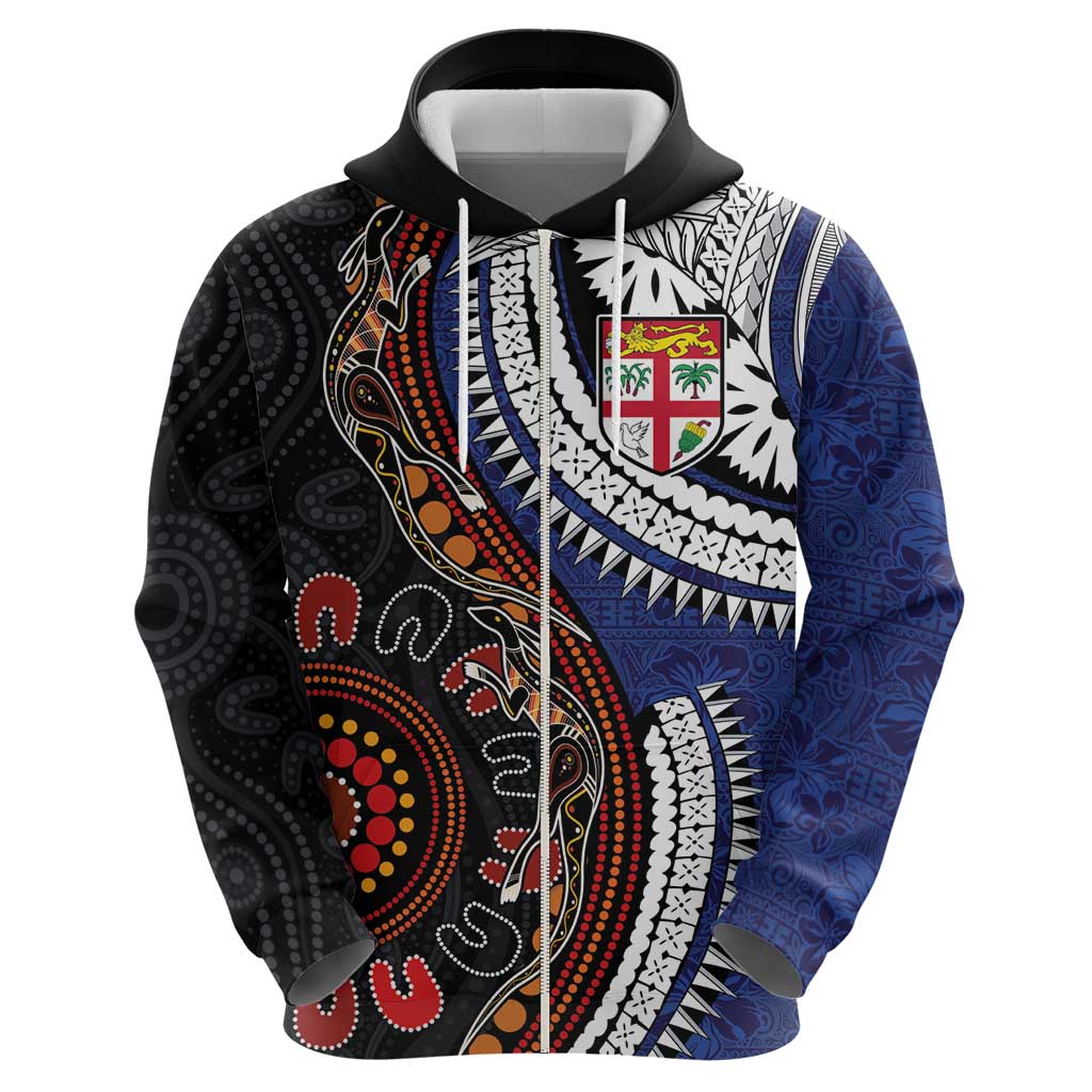 Fiji and Australia Together Hoodie Kangaroo Aboriginal with Tribal Tapa Hibiscus Half Style - Polynesian Pride