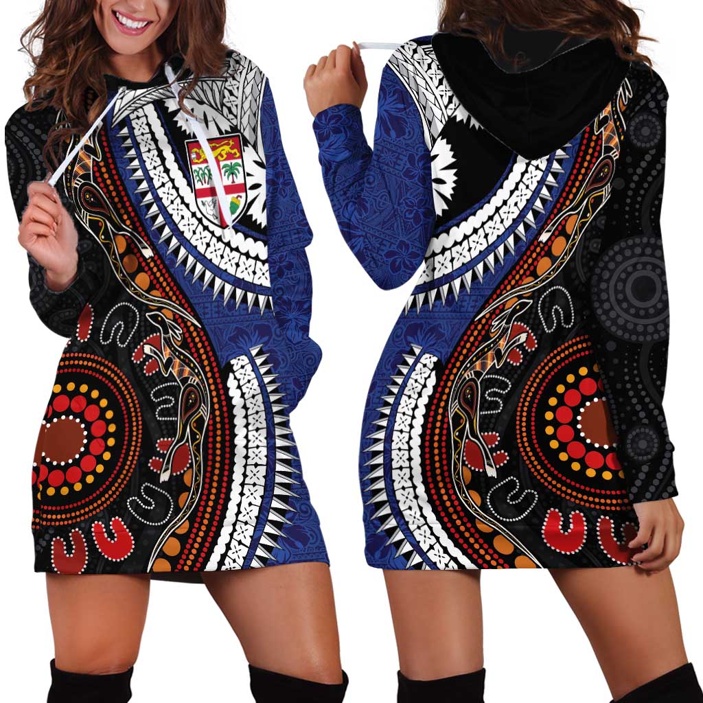 Fiji and Australia Together Hoodie Dress Kangaroo Aboriginal with Tribal Tapa Hibiscus Half Style - Polynesian Pride