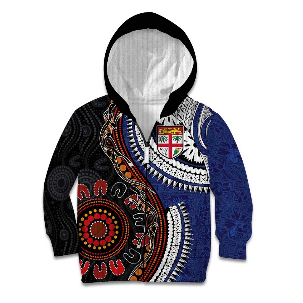 Fiji and Australia Together Kid Hoodie Kangaroo Aboriginal with Tribal Tapa Hibiscus Half Style - Polynesian Pride
