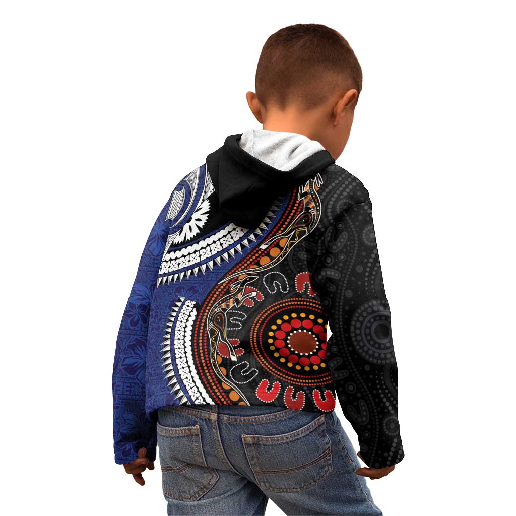 Fiji and Australia Together Kid Hoodie Kangaroo Aboriginal with Tribal Tapa Hibiscus Half Style - Polynesian Pride