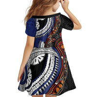 Fiji and Australia Together Kid Short Sleeve Dress Kangaroo Aboriginal with Tribal Tapa Hibiscus Half Style - Polynesian Pride