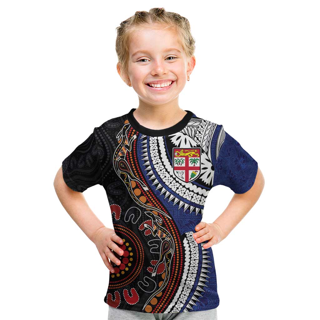 Fiji and Australia Together Kid T Shirt Kangaroo Aboriginal with Tribal Tapa Hibiscus Half Style - Polynesian Pride