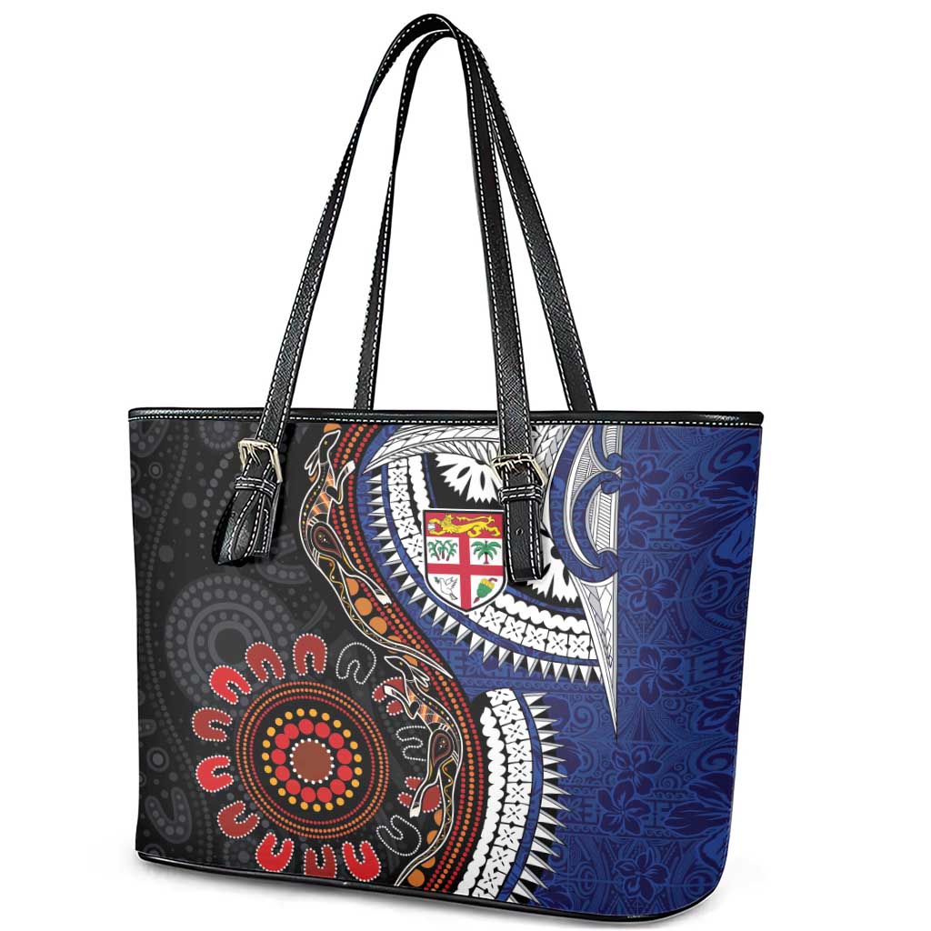 Fiji and Australia Together Leather Tote Bag Kangaroo Aboriginal with Tribal Tapa Hibiscus Half Style - Polynesian Pride