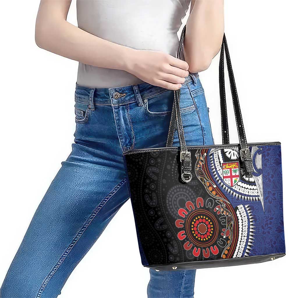 Fiji and Australia Together Leather Tote Bag Kangaroo Aboriginal with Tribal Tapa Hibiscus Half Style - Polynesian Pride