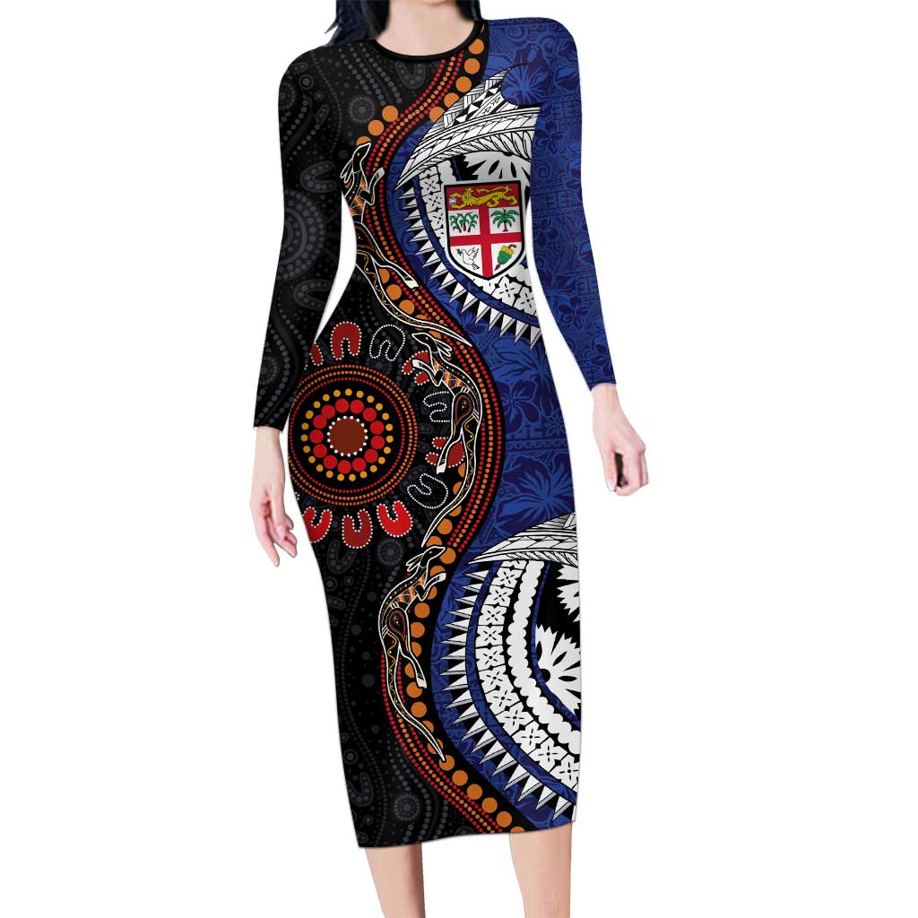 Fiji and Australia Together Long Sleeve Bodycon Dress Kangaroo Aboriginal with Tribal Tapa Hibiscus Half Style - Polynesian Pride