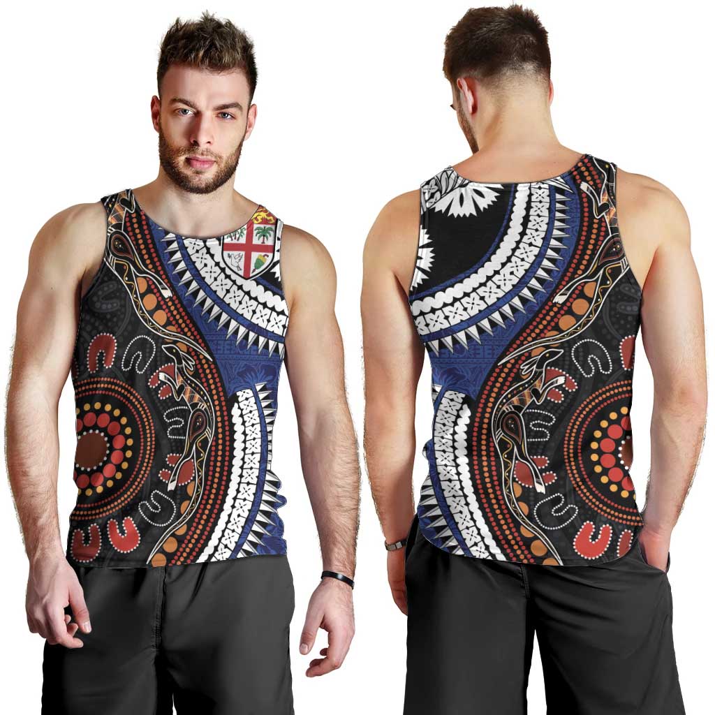 Fiji and Australia Together Men Tank Top Kangaroo Aboriginal with Tribal Tapa Hibiscus Half Style - Polynesian Pride