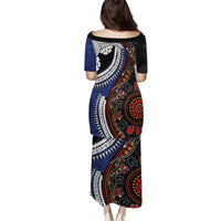 Fiji and Australia Together Puletasi Kangaroo Aboriginal with Tribal Tapa Hibiscus Half Style - Polynesian Pride