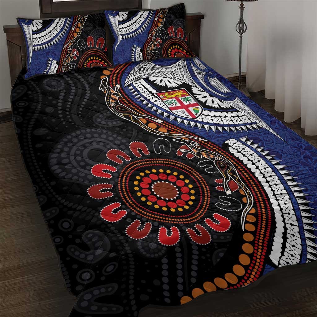 Fiji and Australia Together Quilt Bed Set Kangaroo Aboriginal with Tribal Tapa Hibiscus Half Style - Polynesian Pride