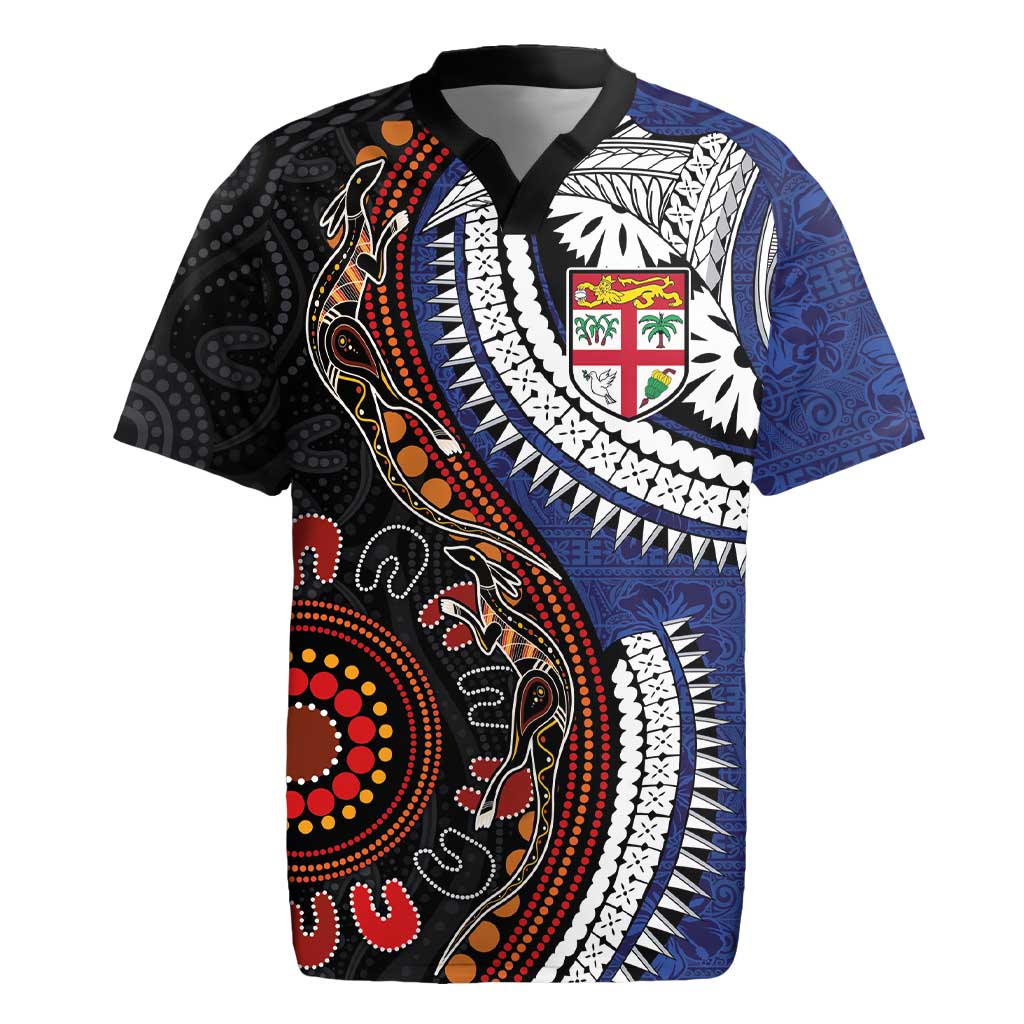Fiji and Australia Together Rugby Jersey Kangaroo Aboriginal with Tribal Tapa Hibiscus Half Style - Polynesian Pride