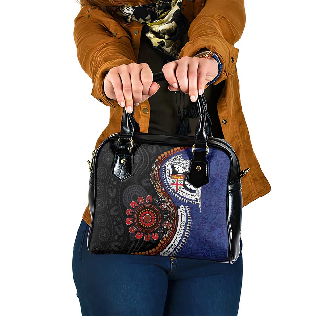 Fiji and Australia Together Shoulder Handbag Kangaroo Aboriginal with Tribal Tapa Hibiscus Half Style - Polynesian Pride