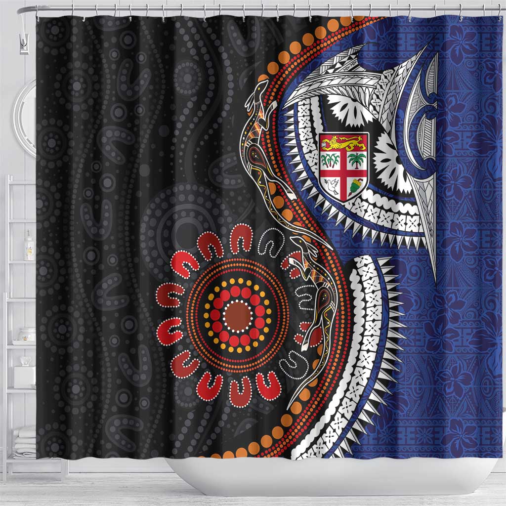 Fiji and Australia Together Shower Curtain Kangaroo Aboriginal with Tribal Tapa Hibiscus Half Style - Polynesian Pride
