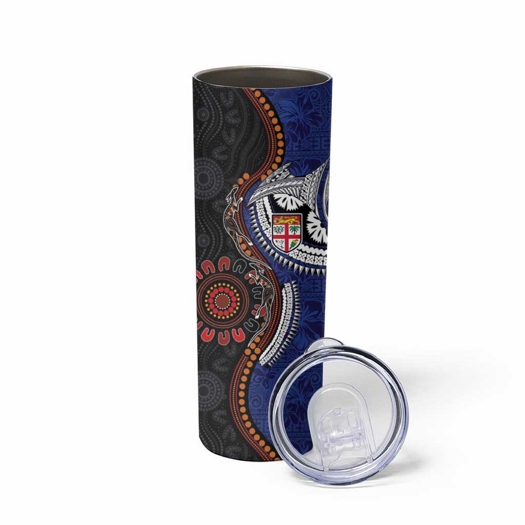 Fiji and Australia Together Skinny Tumbler Kangaroo Aboriginal with Tribal Tapa Hibiscus Half Style - Polynesian Pride