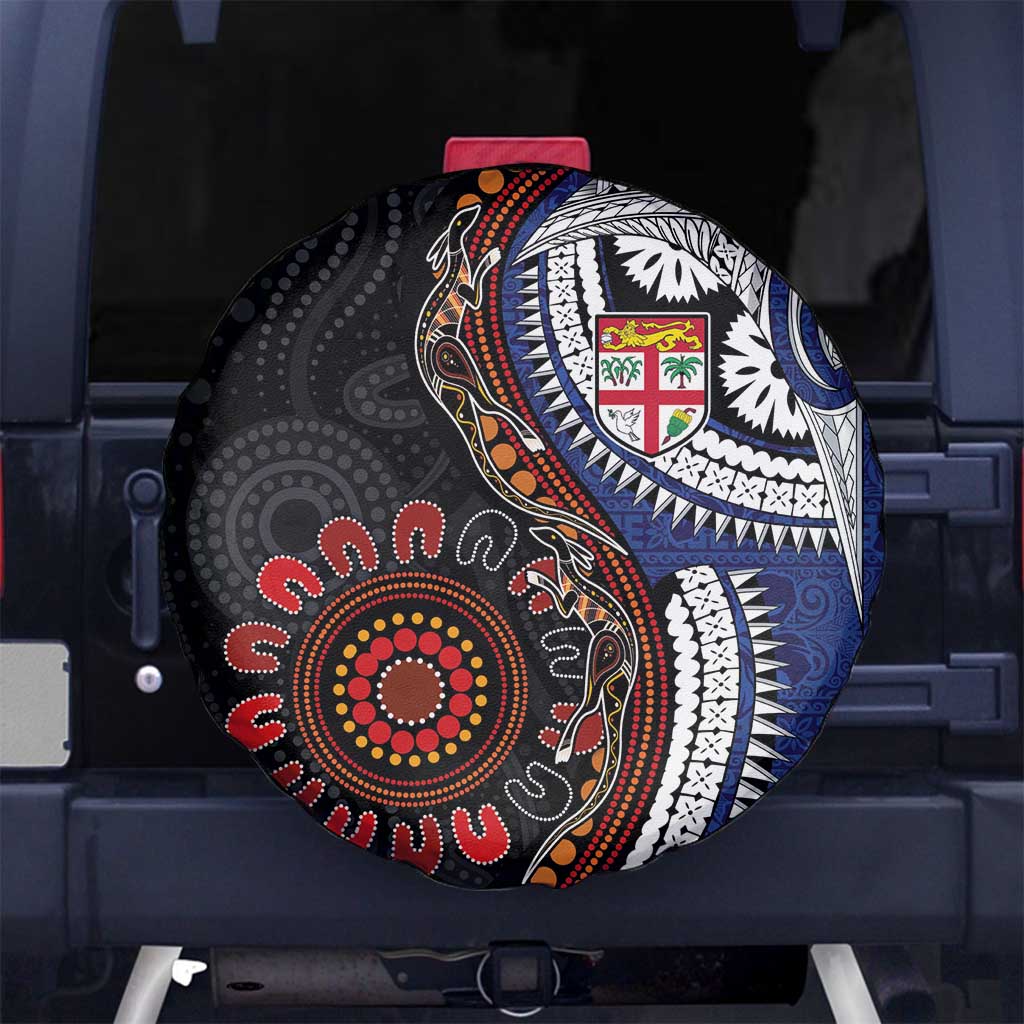 Fiji and Australia Together Spare Tire Cover Kangaroo Aboriginal with Tribal Tapa Hibiscus Half Style - Polynesian Pride