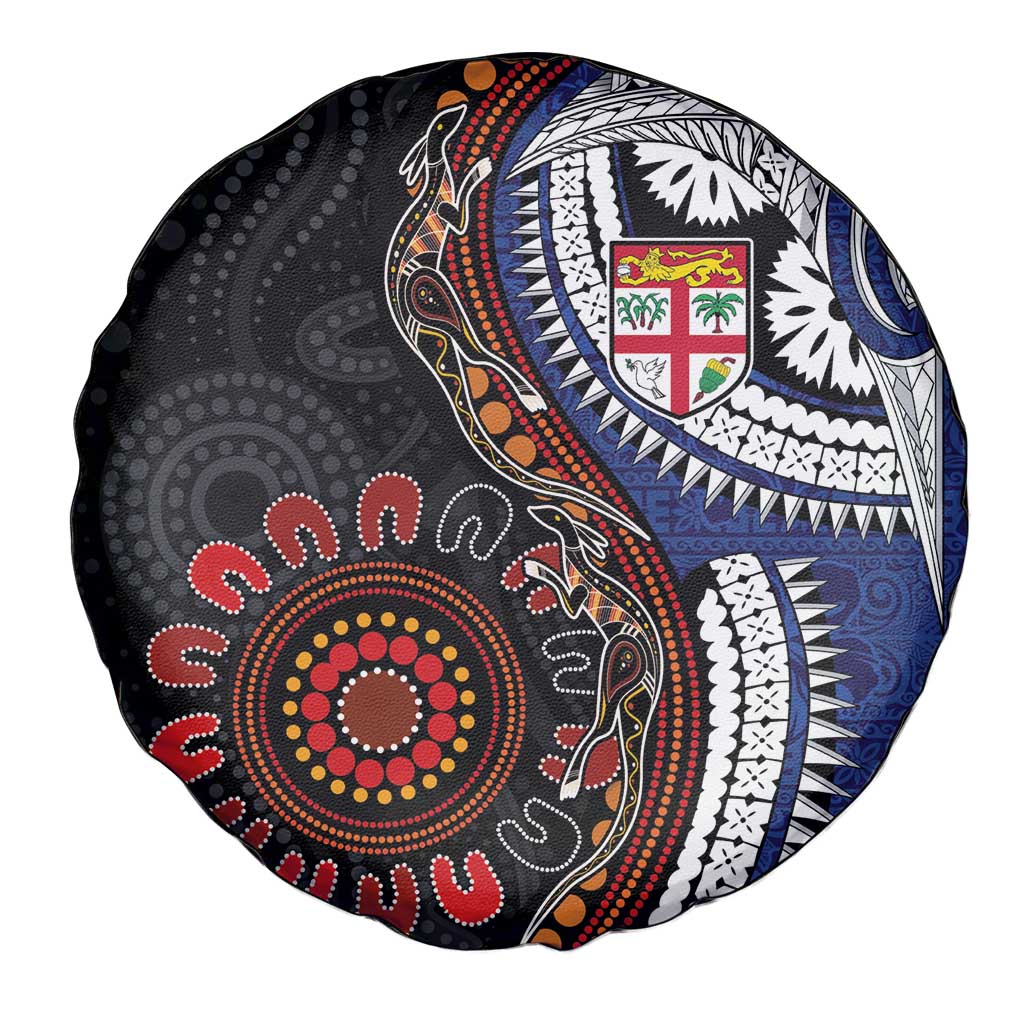 Fiji and Australia Together Spare Tire Cover Kangaroo Aboriginal with Tribal Tapa Hibiscus Half Style - Polynesian Pride