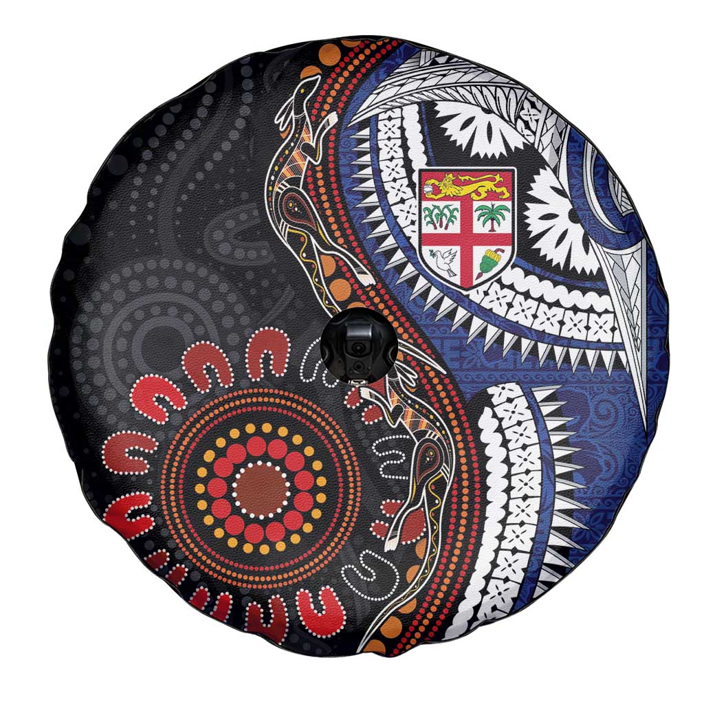 Fiji and Australia Together Spare Tire Cover Kangaroo Aboriginal with Tribal Tapa Hibiscus Half Style - Polynesian Pride
