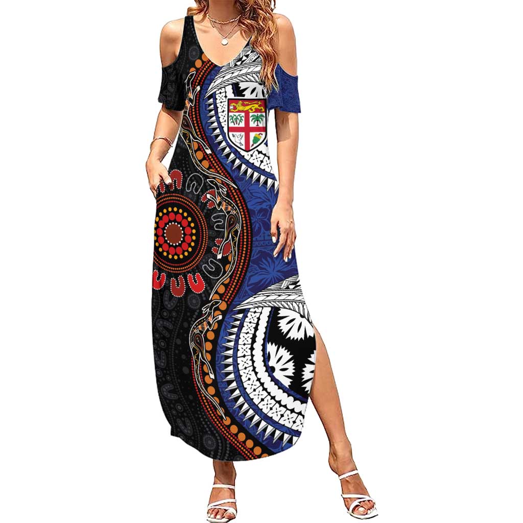 Fiji and Australia Together Summer Maxi Dress Kangaroo Aboriginal with Tribal Tapa Hibiscus Half Style - Polynesian Pride