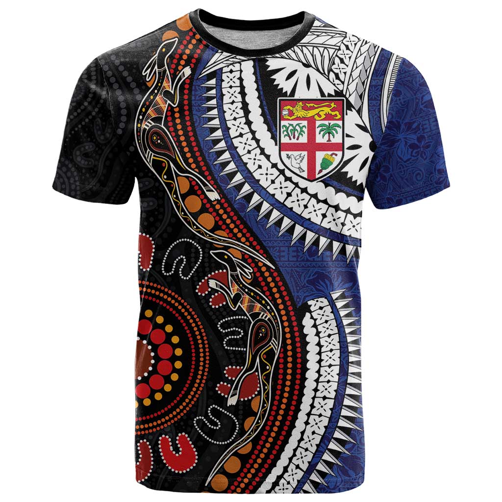 Fiji and Australia Together T Shirt Kangaroo Aboriginal with Tribal Tapa Hibiscus Half Style - Polynesian Pride