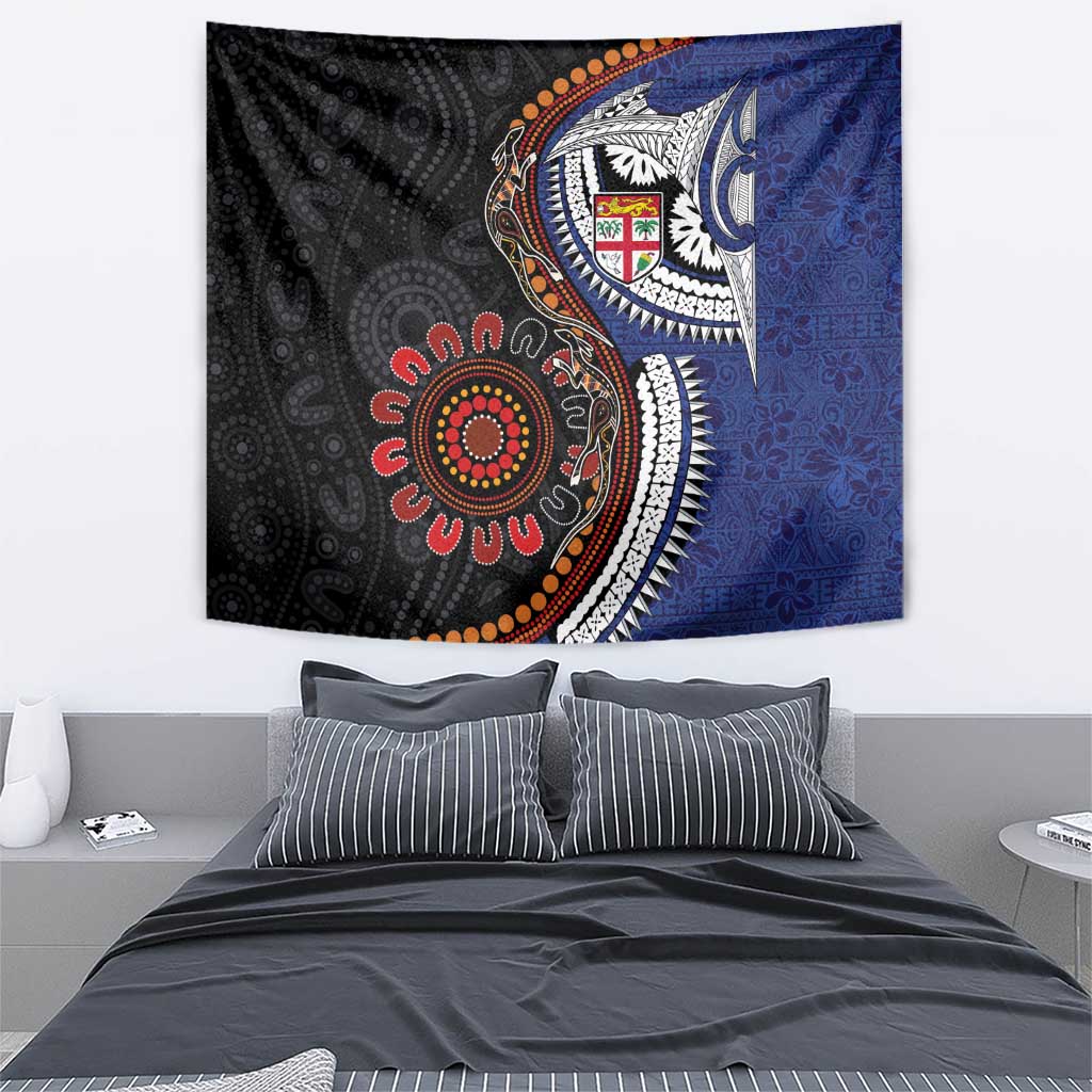 Fiji and Australia Together Tapestry Kangaroo Aboriginal with Tribal Tapa Hibiscus Half Style - Polynesian Pride