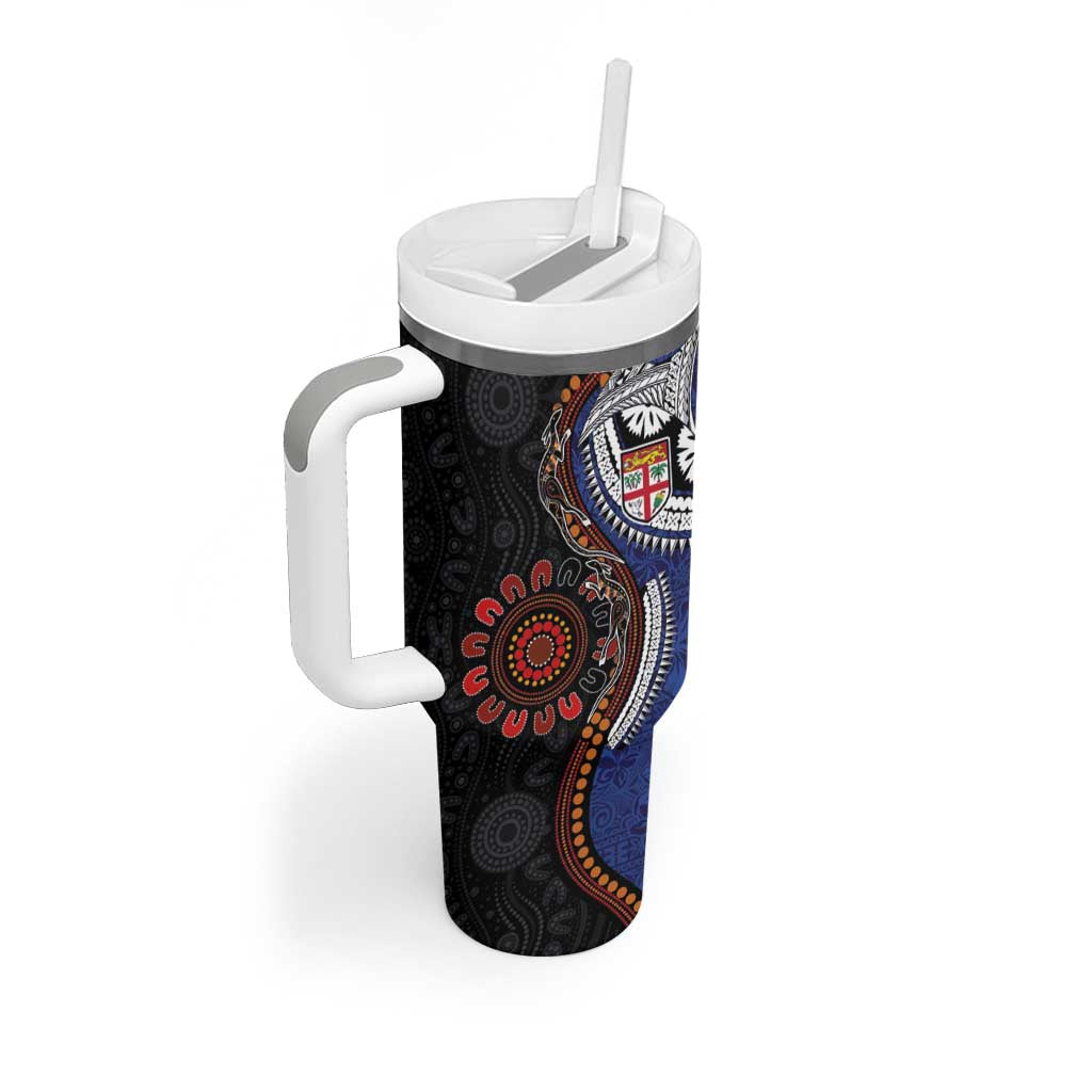 Fiji and Australia Together Tumbler With Handle Kangaroo Aboriginal with Tribal Tapa Hibiscus Half Style - Polynesian Pride