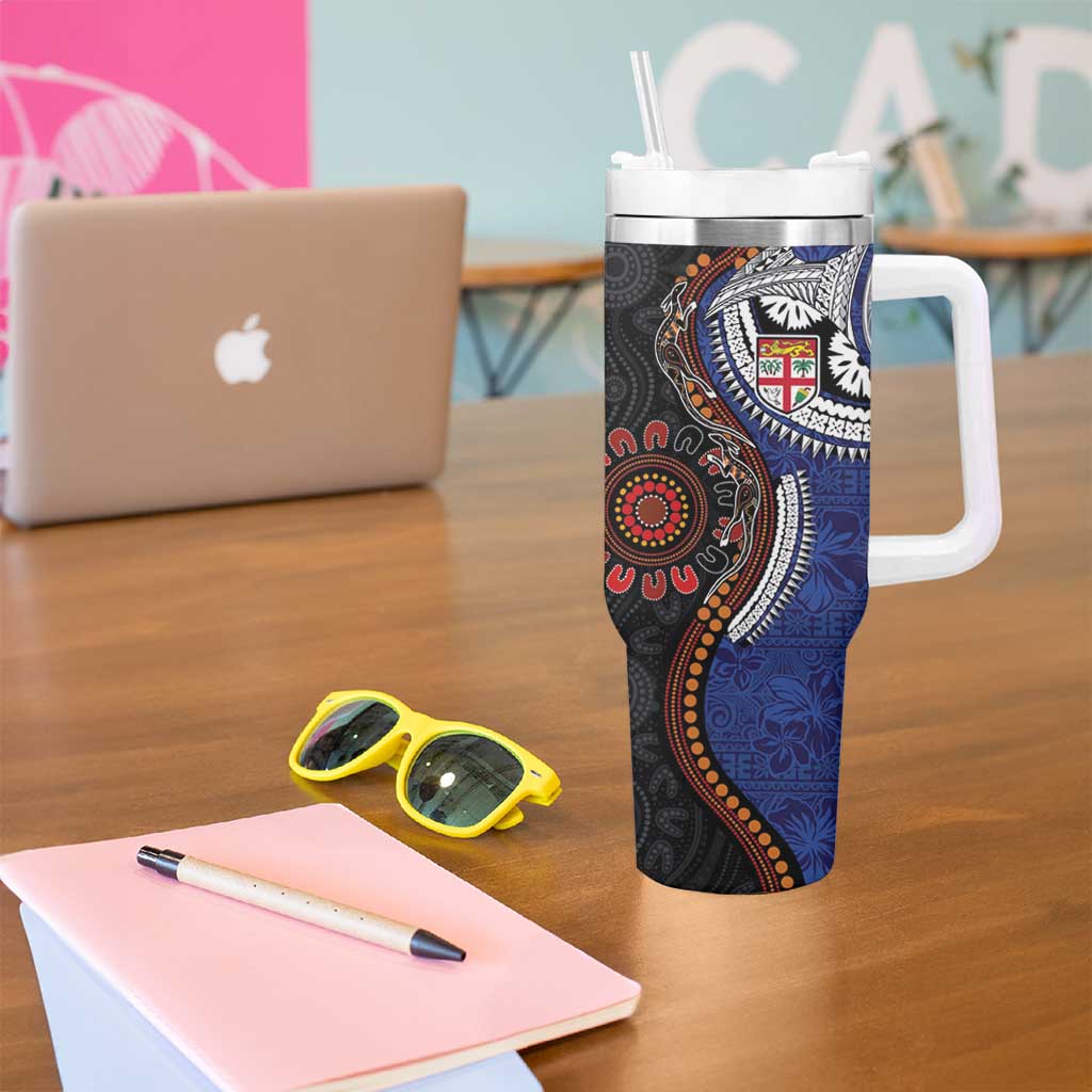 Fiji and Australia Together Tumbler With Handle Kangaroo Aboriginal with Tribal Tapa Hibiscus Half Style - Polynesian Pride