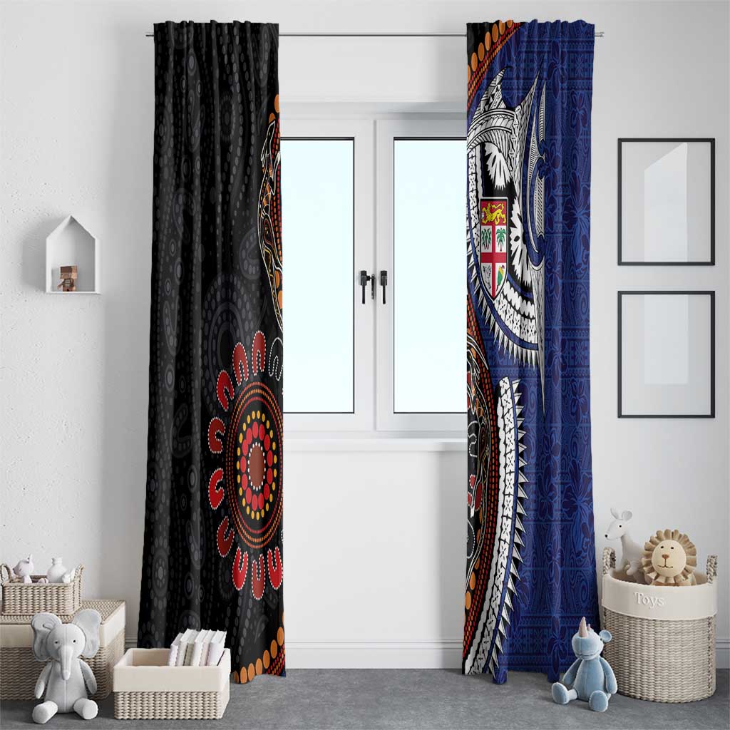 Fiji and Australia Together Window Curtain Kangaroo Aboriginal with Tribal Tapa Hibiscus Half Style - Polynesian Pride