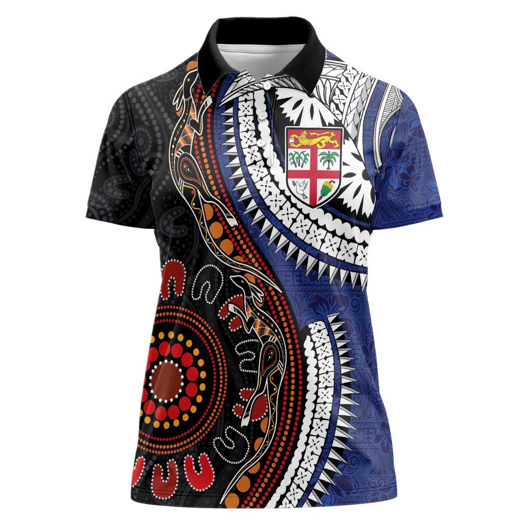 Fiji and Australia Together Women Polo Shirt Kangaroo Aboriginal with Tribal Tapa Hibiscus Half Style - Polynesian Pride