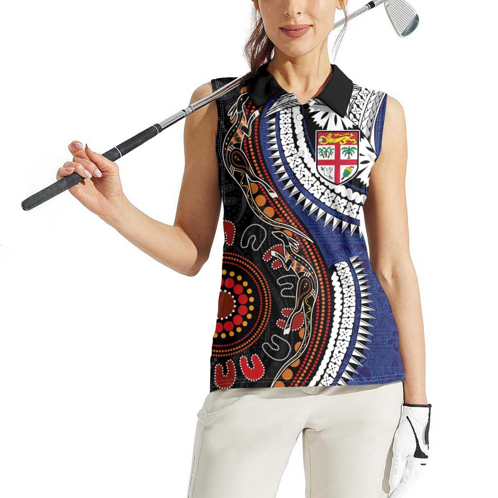 Fiji and Australia Together Women Sleeveless Polo Shirt Kangaroo Aboriginal with Tribal Tapa Hibiscus Half Style - Polynesian Pride
