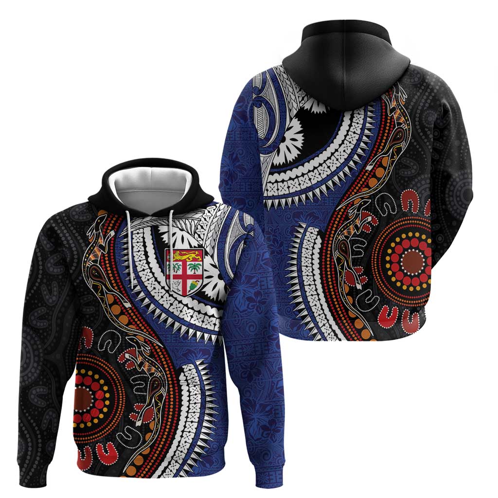 Fiji and Australia Together Zip Hoodie Kangaroo Aboriginal with Tribal Tapa Hibiscus Half Style - Polynesian Pride