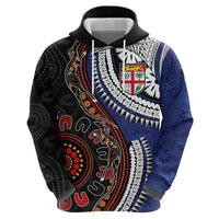 Fiji and Australia Together Zip Hoodie Kangaroo Aboriginal with Tribal Tapa Hibiscus Half Style - Polynesian Pride