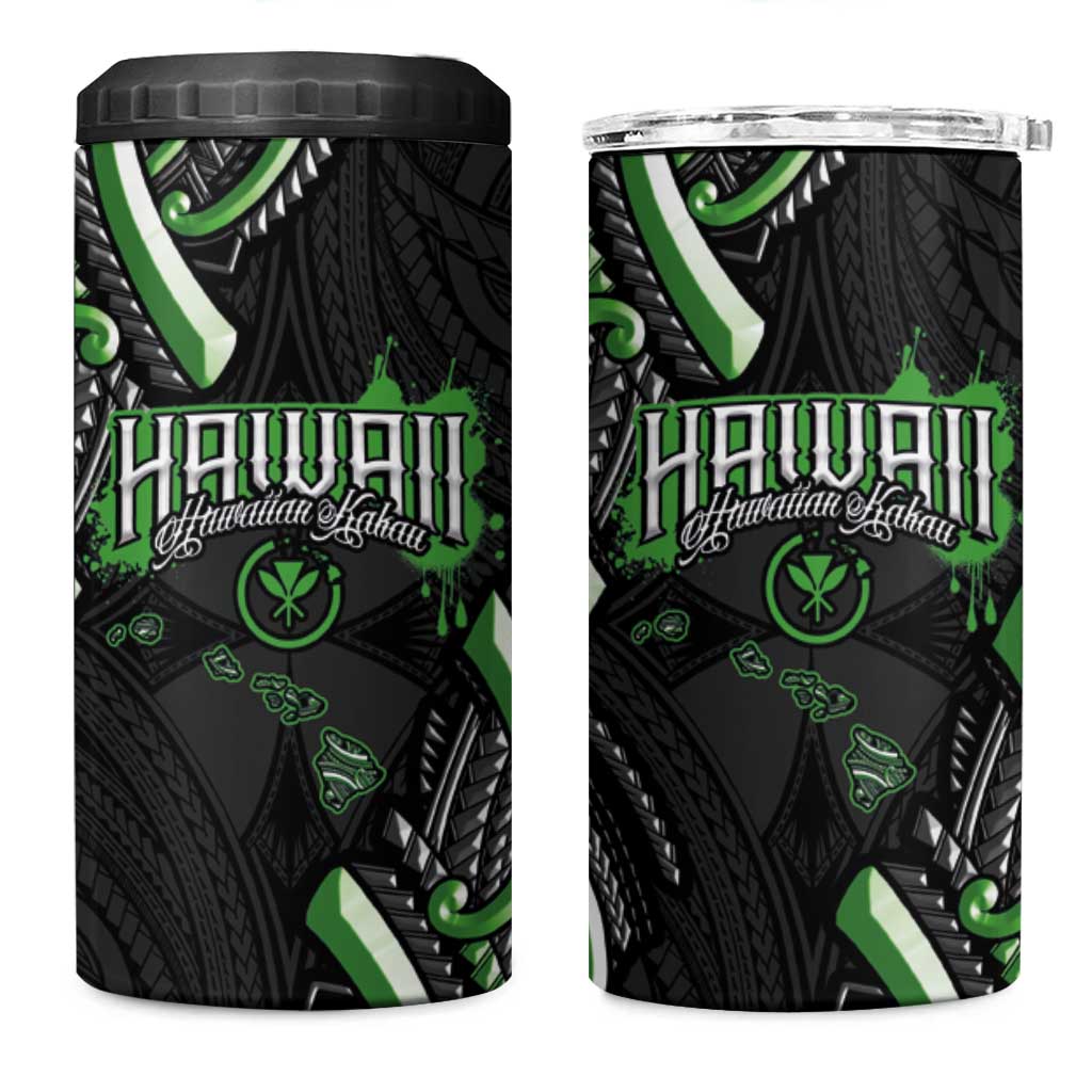 Traditional Art Hawaiian Kakau Tattoos 4 in 1 Can Cooler Tumbler Green Color - Polynesian Pride