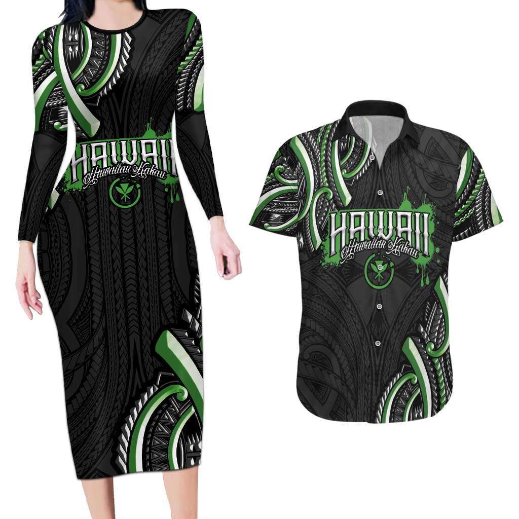 Traditional Art Hawaiian Kakau Tattoos Couples Matching Long Sleeve Bodycon Dress and Hawaiian Shirt Green Color - Polynesian Pride