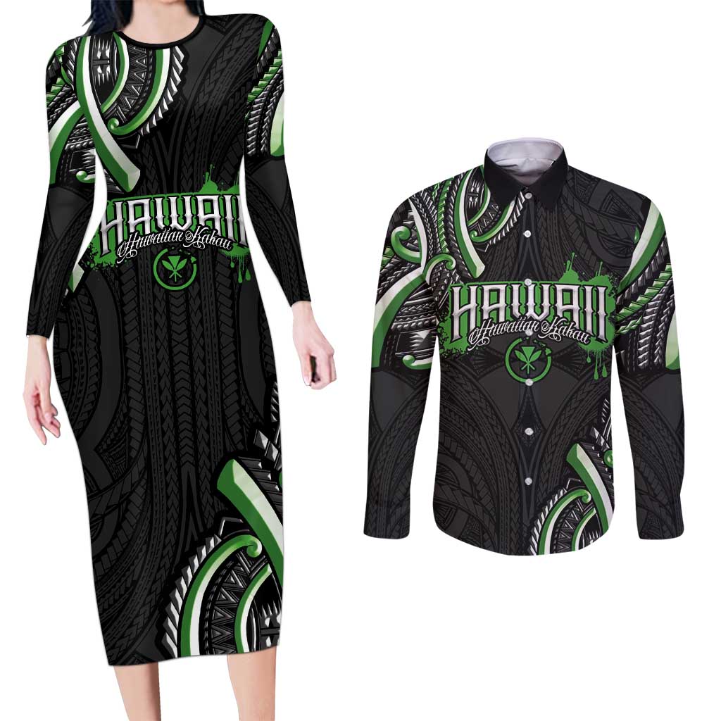 Traditional Art Hawaiian Kakau Tattoos Couples Matching Long Sleeve Bodycon Dress and Long Sleeve Button Shirt Green Color - Polynesian Pride
