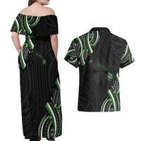 Traditional Art Hawaiian Kakau Tattoos Couples Matching Off Shoulder Maxi Dress and Hawaiian Shirt Green Color - Polynesian Pride