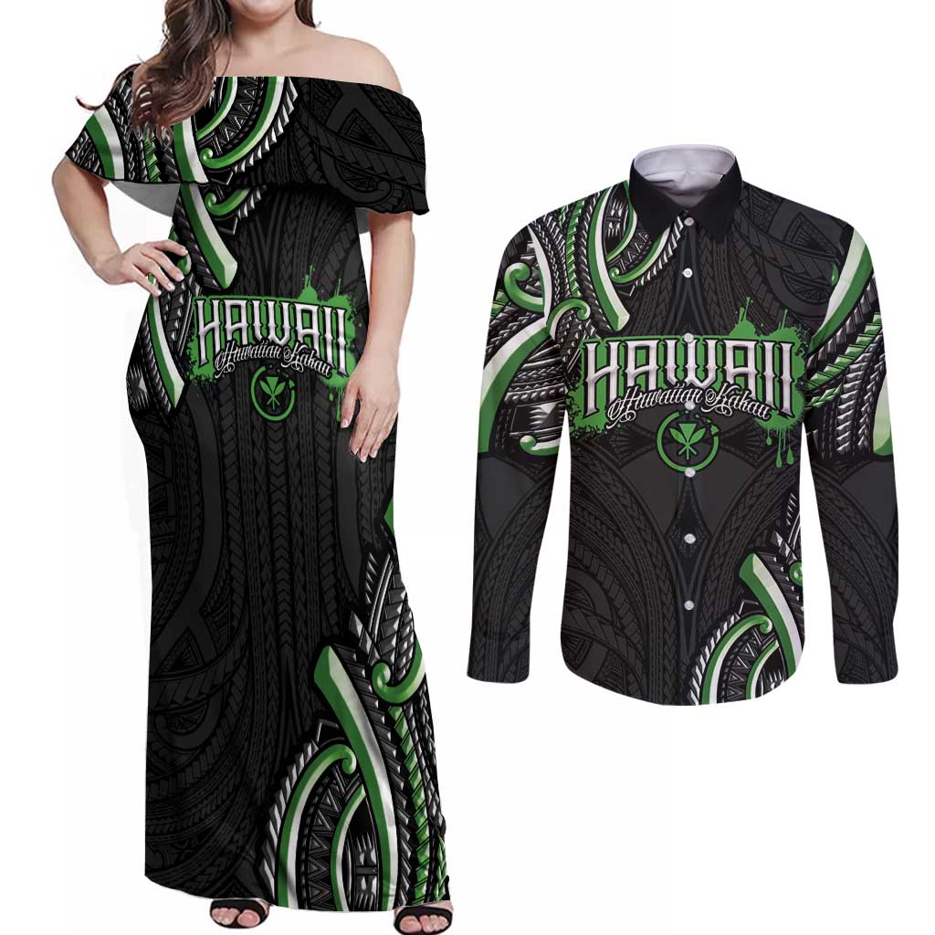 Traditional Art Hawaiian Kakau Tattoos Couples Matching Off Shoulder Maxi Dress and Long Sleeve Button Shirt Green Color - Polynesian Pride